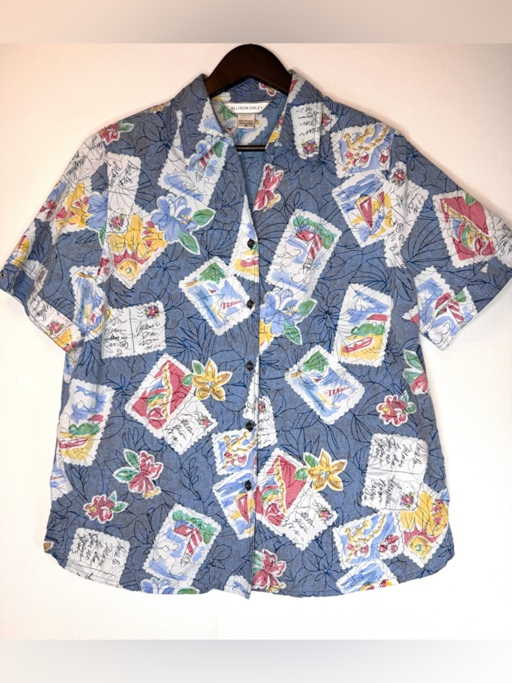 Alison‎ Daley Floral Tropical Hawaiian Shirt top sz 16 postage stamps travel